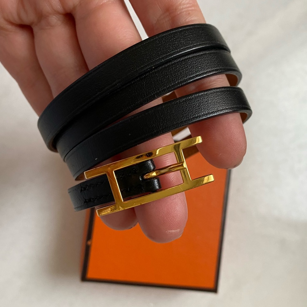 Hermes Hapi 3 Black Leather Wrap Bracelet